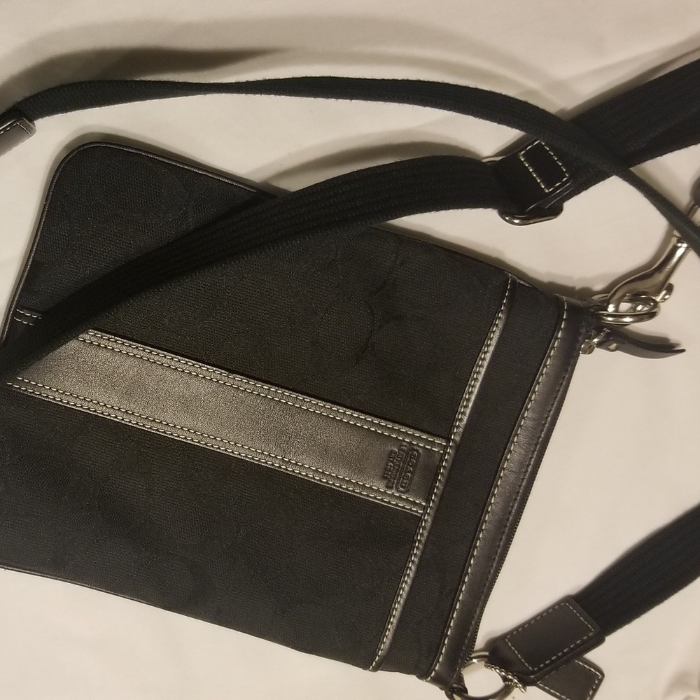 Coach Black Leather and Signature Jacquard Fabric